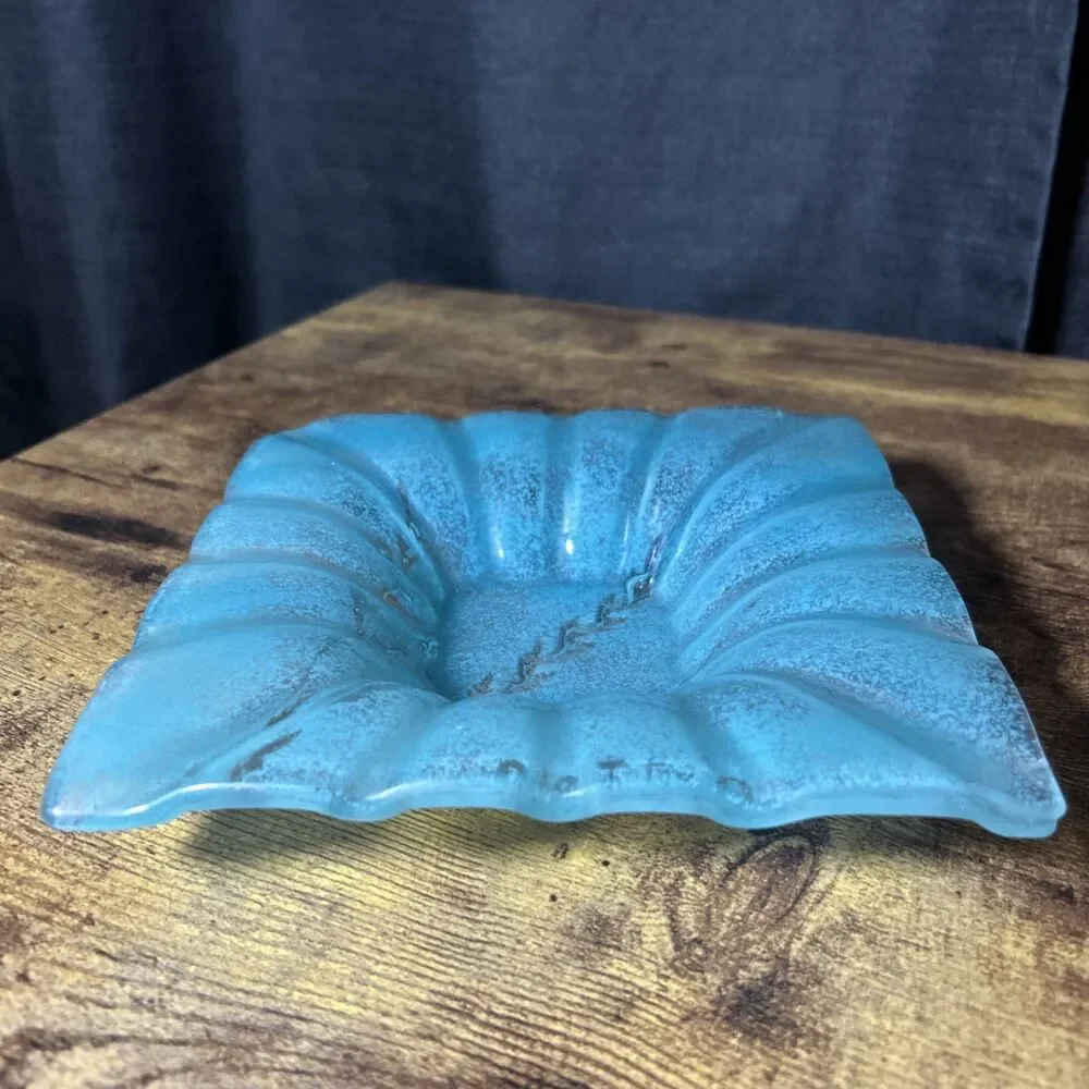 Coastal Aqua Teal Textured Glass Dish Square 6.5x6.5' Sea Inspired Accent Plate